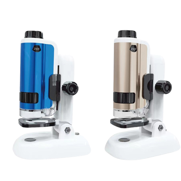 Microscop cu un set mare de accesorii, albastru și auriu