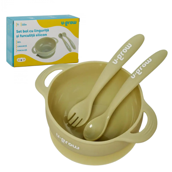 Set bol cu linguriță și furculiță din silicon, Olive