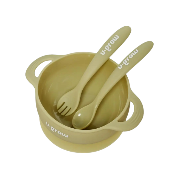 Set bol cu linguriță și furculiță din silicon, Olive