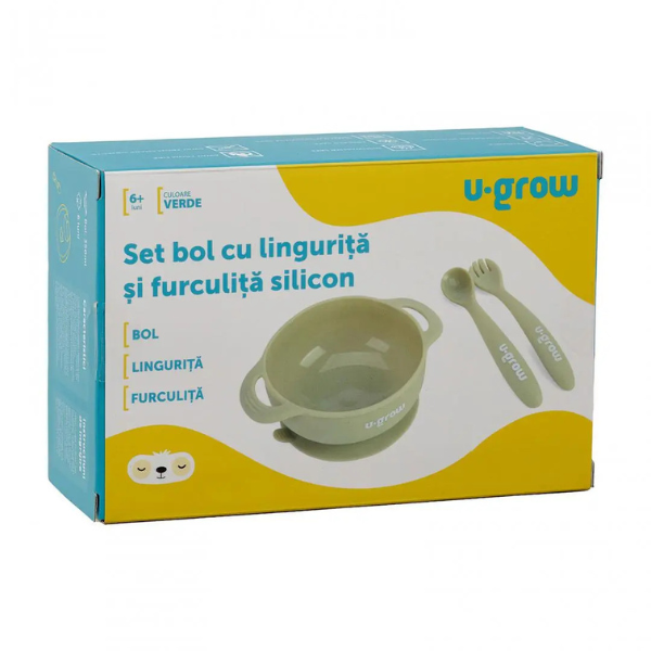 Set bol cu linguriță și furculiță din silicon, Olive