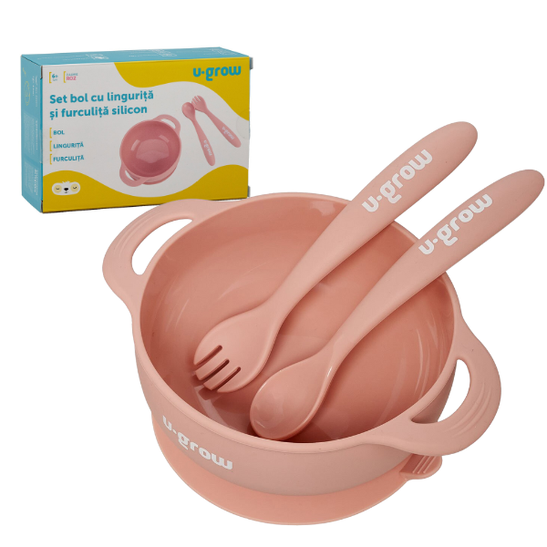 Set bol cu linguriță și furculiță din silicon, roz