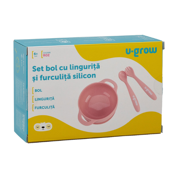 Set bol cu linguriță și furculiță din silicon, roz