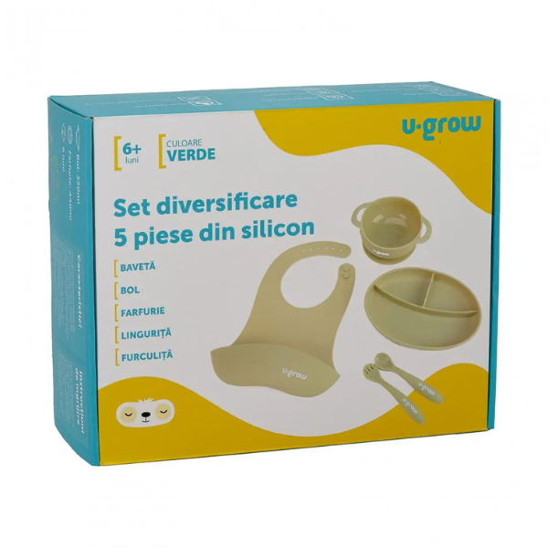 Set diversificare 5 piese din silicon: bavetă, bol, farfurie, linguriță și furculiță, Olive