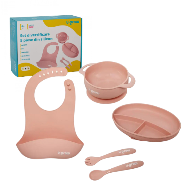 Set diversificare 5 piese din silicon: bavetă, bol, farfurie, linguriță și furculiță, roz