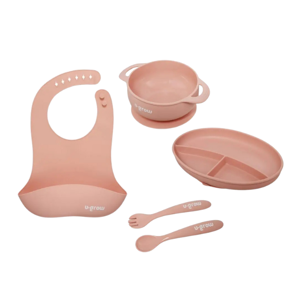 Set diversificare 5 piese din silicon: bavetă, bol, farfurie, linguriță și furculiță, roz