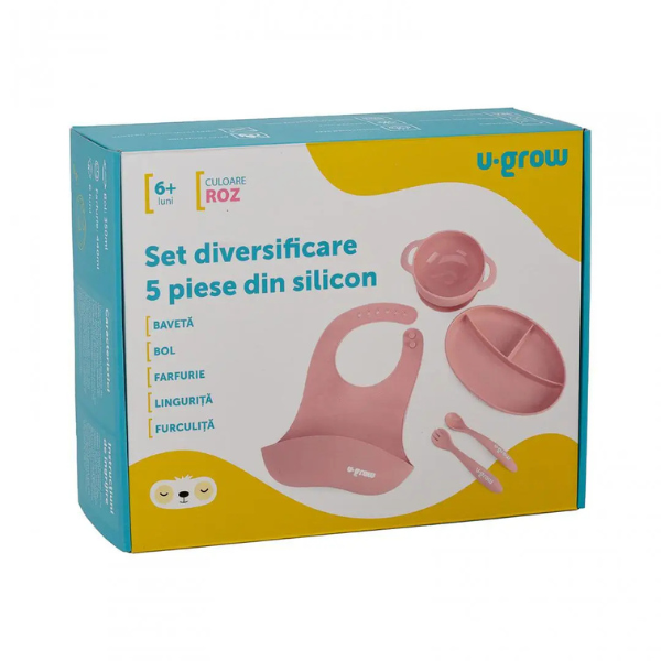 Set diversificare 5 piese din silicon: bavetă, bol, farfurie, linguriță și furculiță, roz