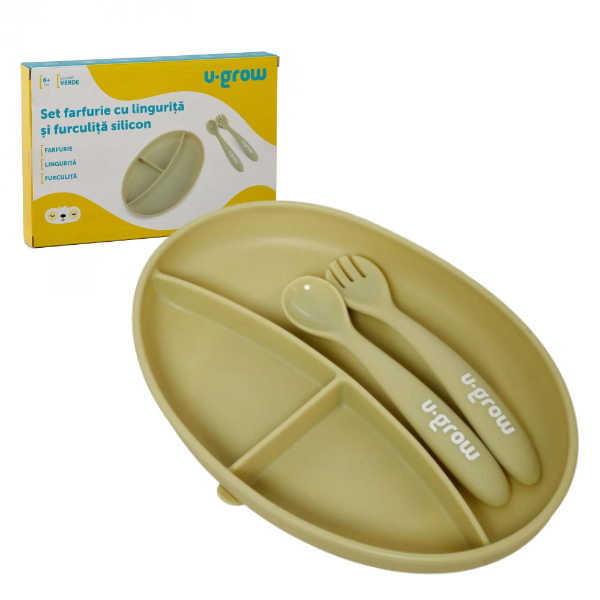 Set farfurie cu linguriță și furculiță din silicon, Olive