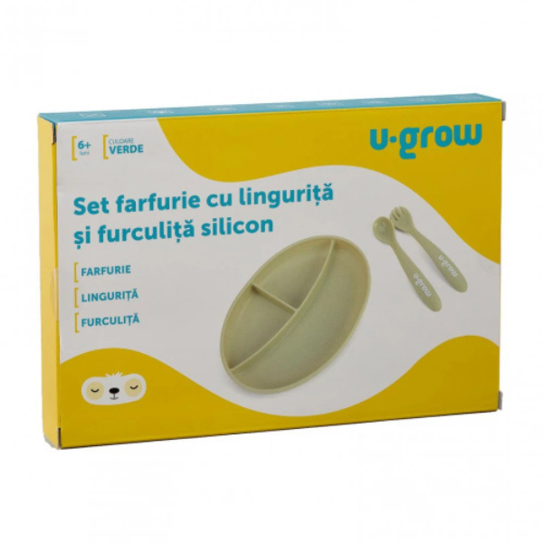 Set farfurie cu linguriță și furculiță din silicon, Olive