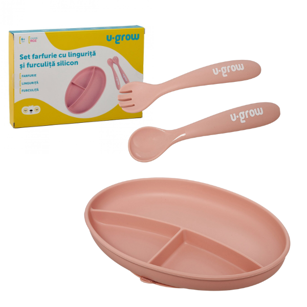 Set farfurie cu linguriță și furculiță din silicon, roz