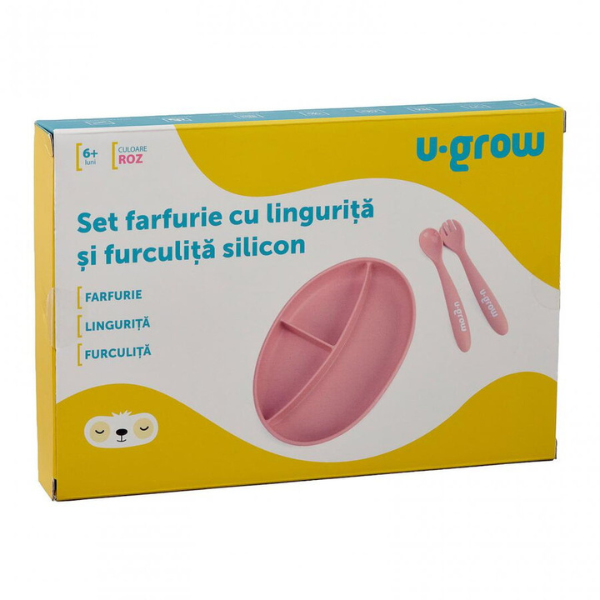 Set farfurie cu linguriță și furculiță din silicon, roz