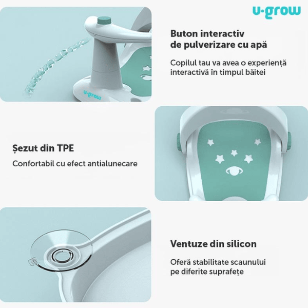 Scaun de baie pentru bebeluși U-Grow cu ghidon și spătar reglabil, verde