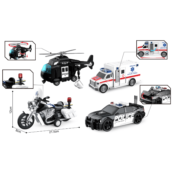 1:20 Set vehicule de poliție cu fricțiune (lumini /sunete)