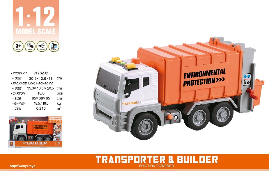 1:12 Camion pentru reciclare gunoi cu fricțiune (lumini /sunete)
