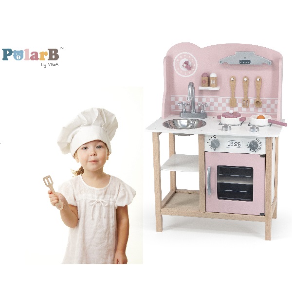 Bucătărie din lemn pentru copii cu accesorii (culoare roz)