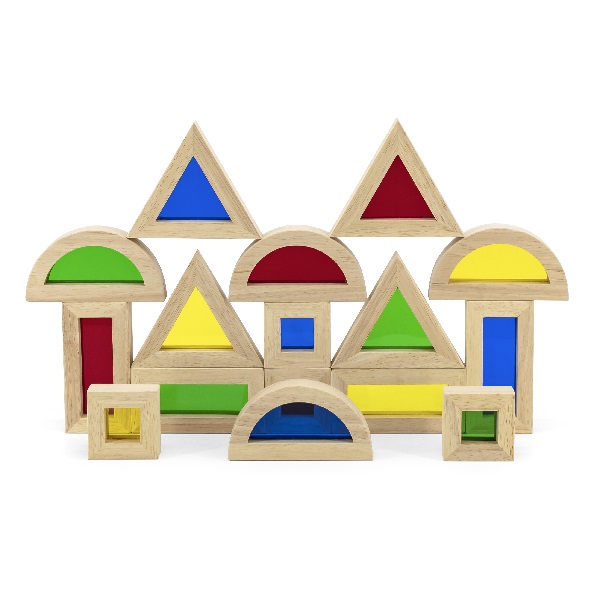 Constructor din lemn cu inserții transparente colorate din 16 elemente