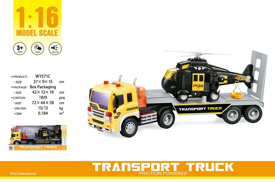 1:16 Camion transportator cu fricțiune cu elicopter (lumini /sunete)