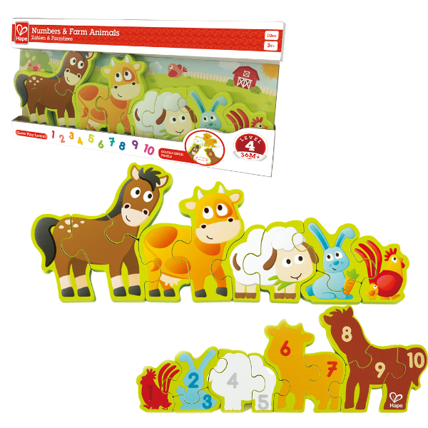 Puzzle din lemn cu cifre „Animalele la fermă”