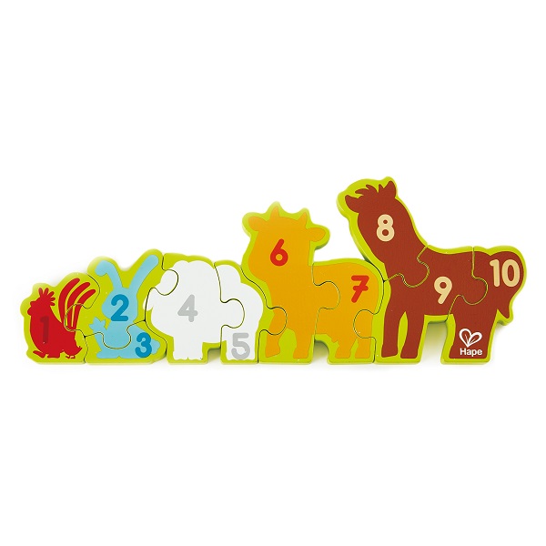 Puzzle din lemn cu cifre „Animalele la fermă”
