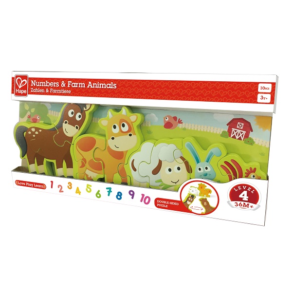Puzzle din lemn cu cifre „Animalele la fermă”