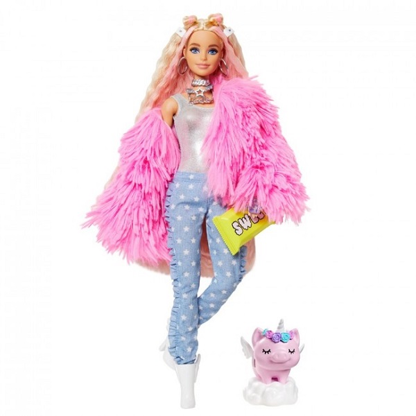 Set Barbie “Extra” într-o blăniță roz