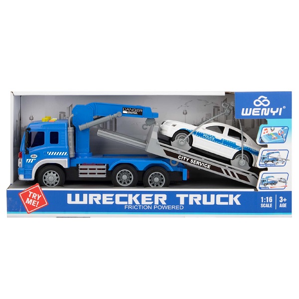 1:16 Camion de tractare cu fricțiune, cu mașină de poliție (lumini /sunete)