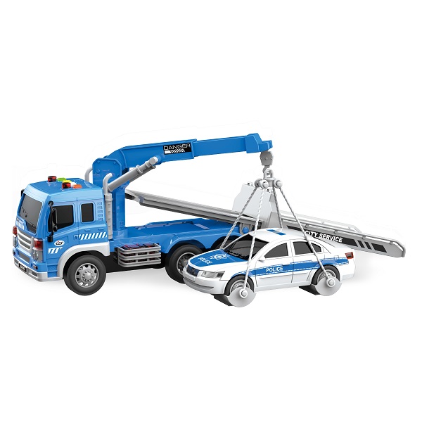 1:16 Camion de tractare cu fricțiune, cu mașină de poliție (lumini /sunete)