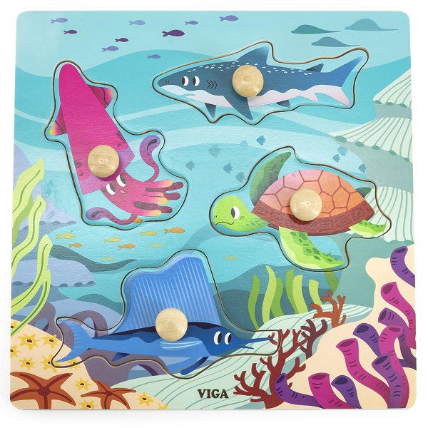 Puzzle din lemn cu buton „Animale acvatice”
