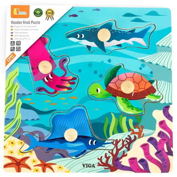 Puzzle din lemn cu buton „Animale acvatice”