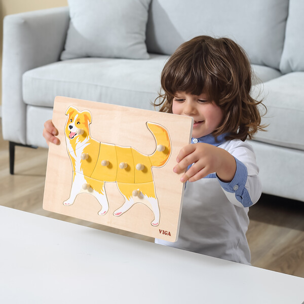 Puzzle din lemn Montessori cu buton “Cățel”
