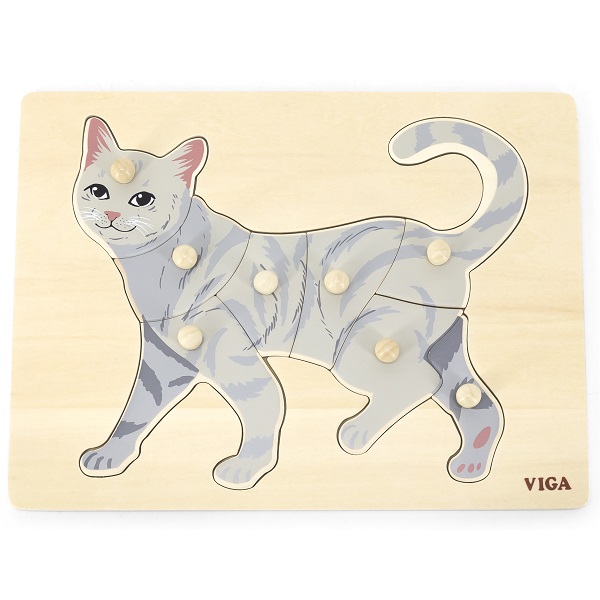 Puzzle din lemn Montessori cu buton “Pisică”