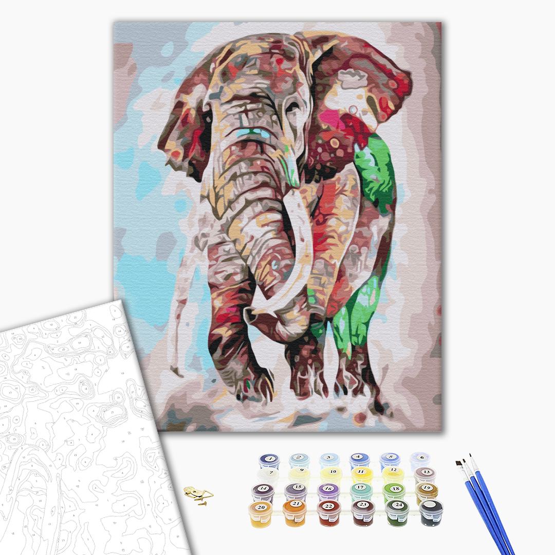 Pictură pe numere 40*50  cm (în cutie) – Elefant în culori de curcubeu