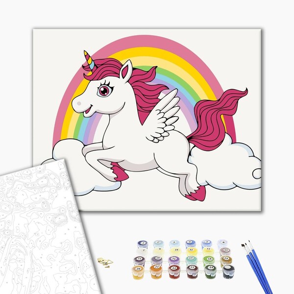 Pictură pe numere 30*40 сm (fără cutie) – Unicorn în culori de curcubeu