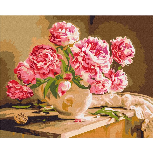 Pictură pe numere 40*50 cm (în cutie) – Bujori într-un interior confortabil