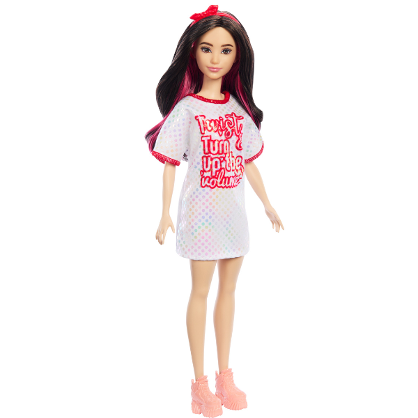 Papușa Barbie „Fashionista cu păr negru ondulat cu rochie Twist ‘n’ Turn”