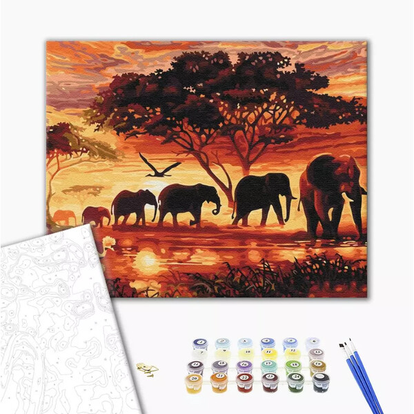 Pictură pe numere 40*50 cm (în cutie) – Elefanții în savană