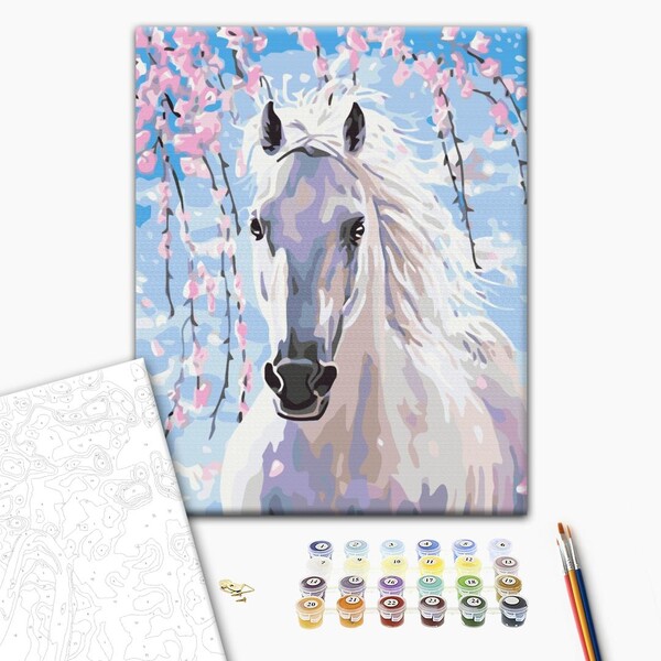 Pictură pe numere 40*50 сm (fără cutie) – Cal în flori de sakura