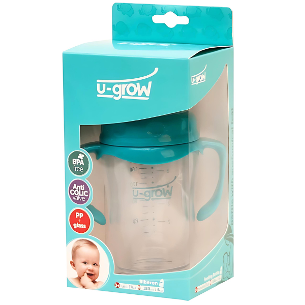 Biberon cu gat larg din sticla, 180 ml, de la 3 luni