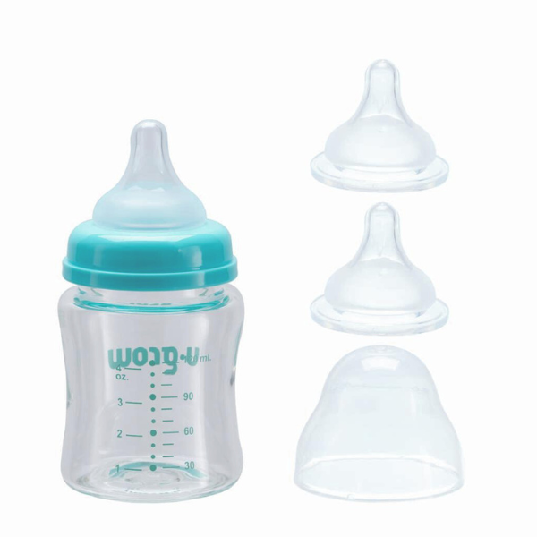 Biberon din sticlă, 120 ml, cu 2 tetine suplimentare