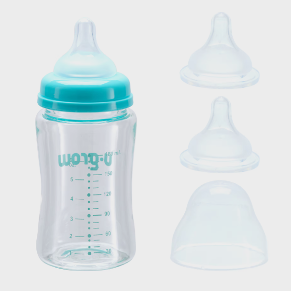 Biberon din sticlă, 180 ml, cu 2 tetine suplimentare