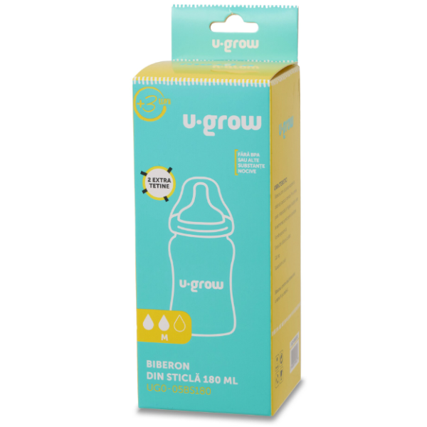Biberon din sticlă, 180 ml, cu 2 tetine suplimentare