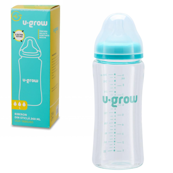 Biberon din sticlă, 260 ml, cu 2 tetine suplimentare