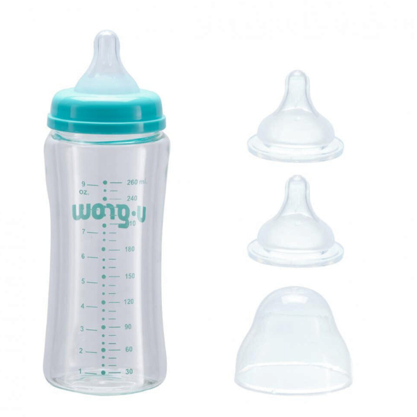 Biberon din sticlă, 260 ml, cu 2 tetine suplimentare