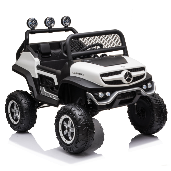 Masinuta electrica MERCEDES BENZ UNIMOG, 12V14Ah, motor 25Wx4, roți EVA, scaune din piele