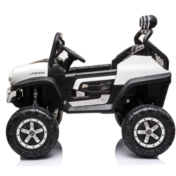 Masinuta electrica MERCEDES BENZ UNIMOG, 12V14Ah, motor 25Wx4, roți EVA, scaune din piele