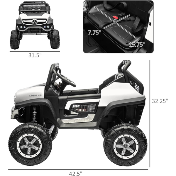 Masinuta electrica MERCEDES BENZ UNIMOG, 12V14Ah, motor 25Wx4, roți EVA, scaune din piele