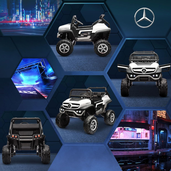 Masinuta electrica MERCEDES BENZ UNIMOG, 12V14Ah, motor 25Wx4, roți EVA, scaune din piele
