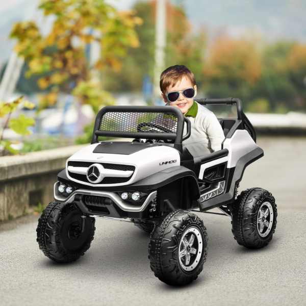 Masinuta electrica MERCEDES BENZ UNIMOG, 12V14Ah, motor 25Wx4, roți EVA, scaune din piele