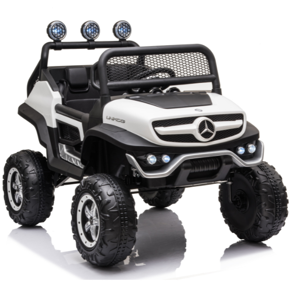 Masinuta electrica MERCEDES BENZ UNIMOG, 12V14Ah, motor 25Wx4, roți EVA, scaune din piele
