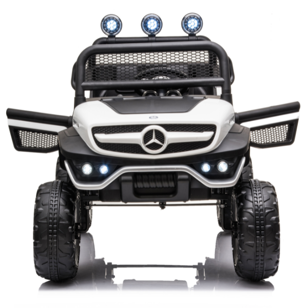 Masinuta electrica MERCEDES BENZ UNIMOG, 12V14Ah, motor 25Wx4, roți EVA, scaune din piele