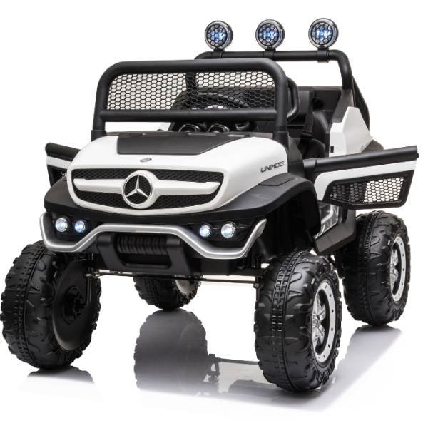 Masinuta electrica MERCEDES BENZ UNIMOG, 12V14Ah, motor 25Wx4, roți EVA, scaune din piele